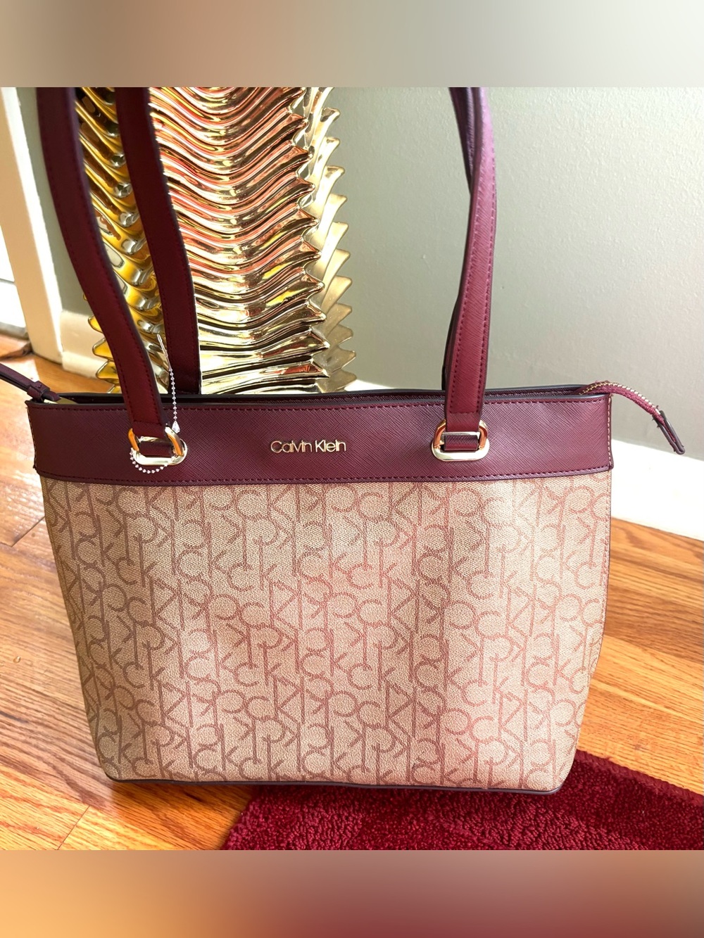Calvin Klein Beige Monogram Tote with Burgundy Trim - Picture 1 of 7